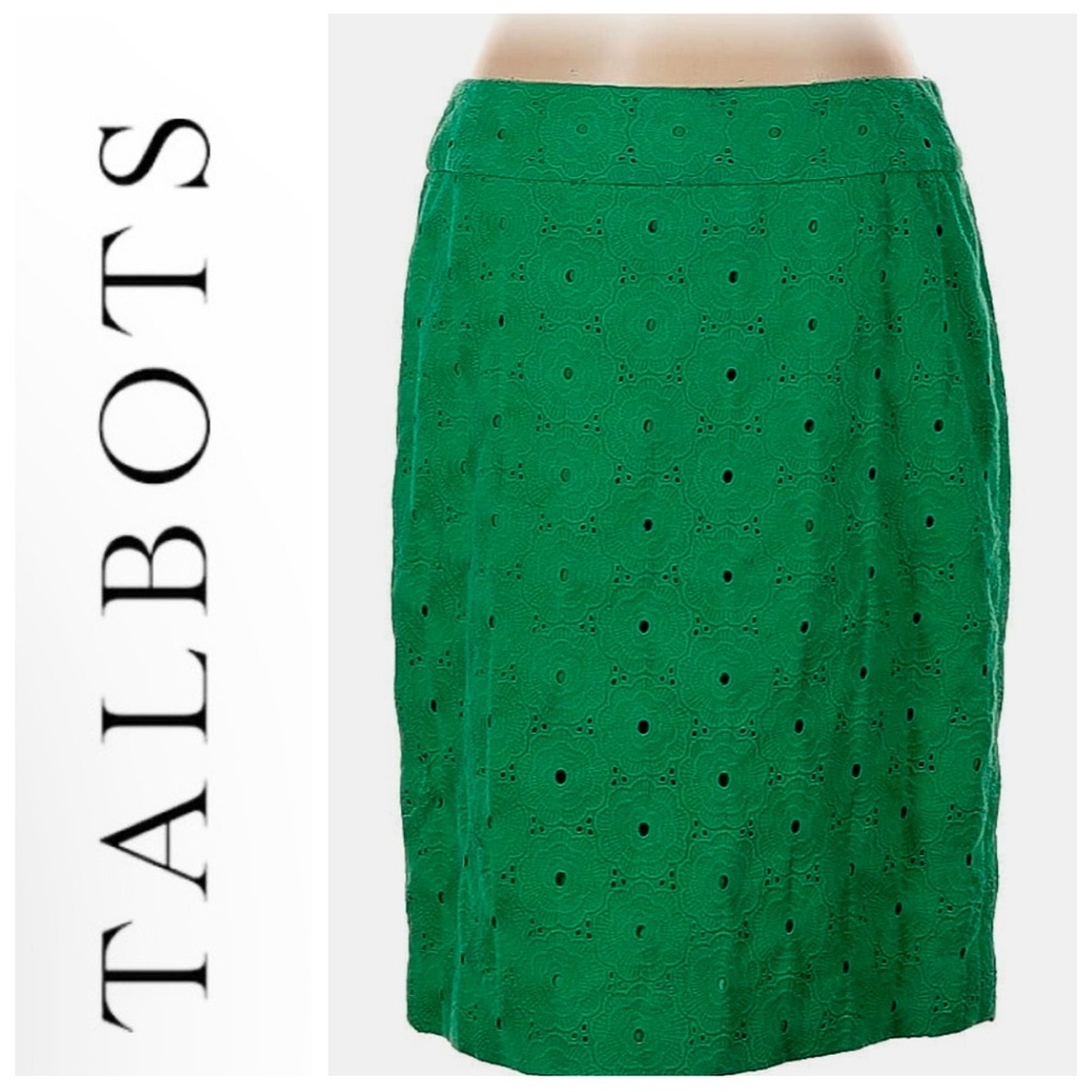 Talbots Skirt Kelly Green lined Floral Eyelet cotton 10 business casual preppy